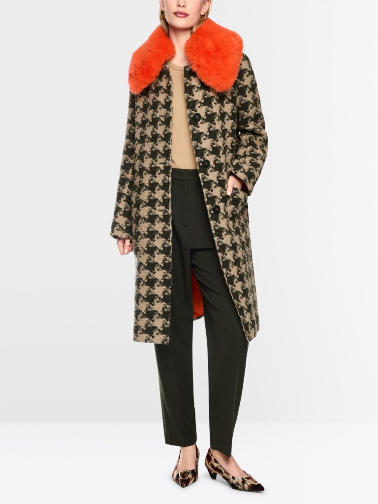 Marc Cain Houndstooth Coat with Faux Fur Collar